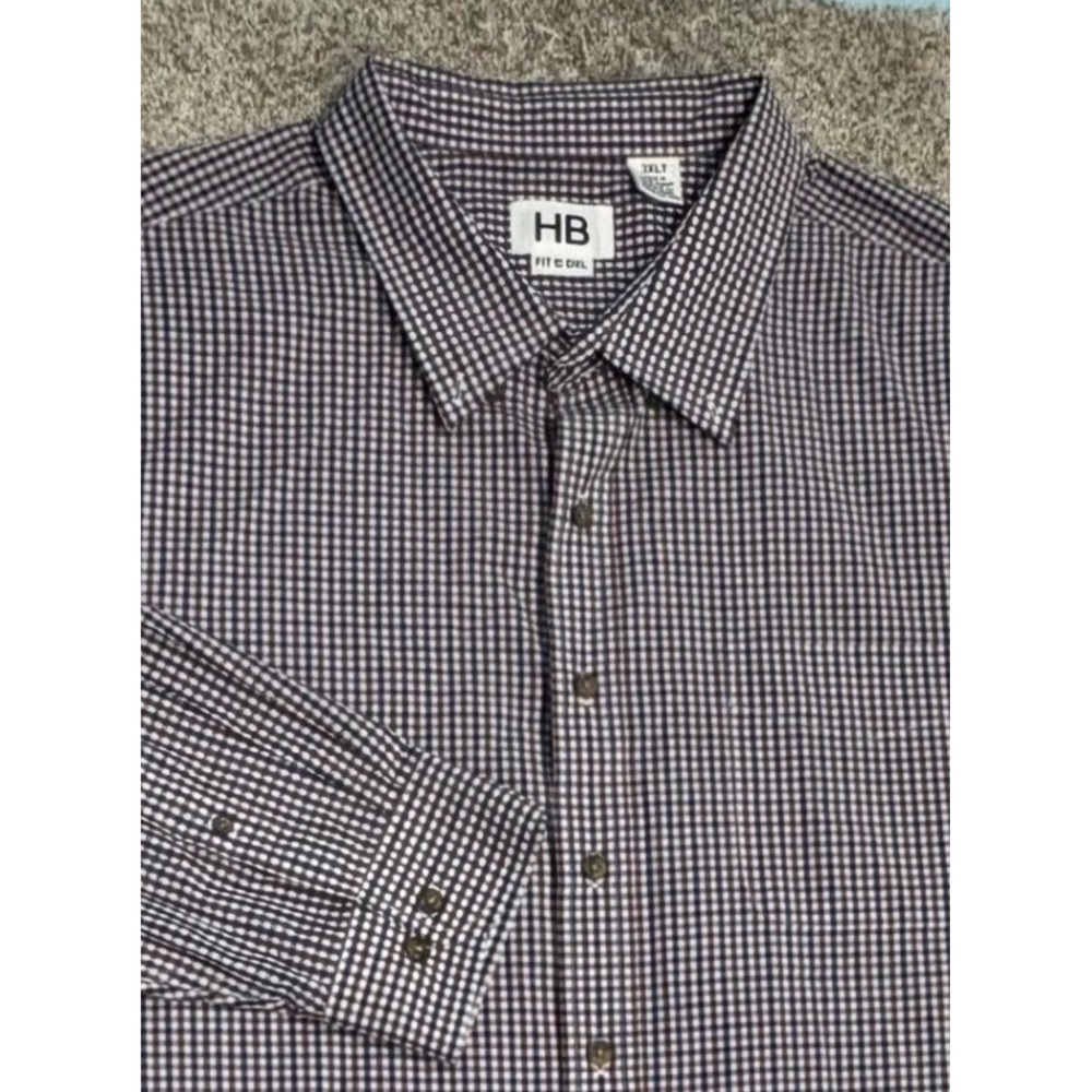 Mens 3XLT Shirt Gingham Long Sleeve Tall Blue Brown HB Button Down Long Sleeve